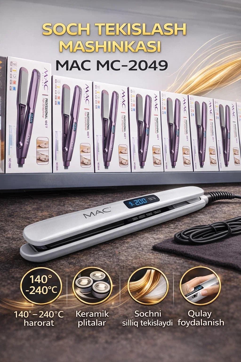 Выпрямитель для волос MAC MC-2049, 6 температурных режимов, керамические пластины